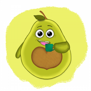 Illustration von zwei empathischen Avocado-Markencharakteren: Eine Avocado lächelt und hält eine Tasse