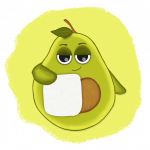 Illustration von zwei empathischen Avocado-Markencharakteren: Eine Avocado hält einen Zettel zum Beschreiben in der Hand und schaut dabei wissend
