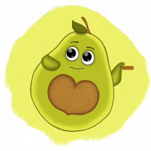 Illustration von zwei empathischen Avocado-Markencharakteren: Eine Avocado lächelt und lehnt sich an eine Stelle an