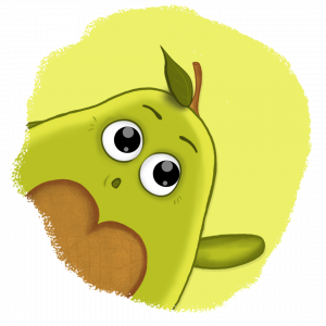 Illustration von zwei empathischen Avocado-Markencharakteren: Eine Avocado zeigt auf etwas und ist dabei erstaunt