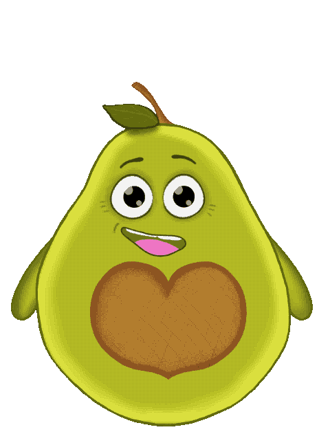 Illustration von zwei empathischen Avocado-Markencharakteren: Eine Avocado als Animation Gif. Dabei schwebt ein Blatt über die Avocado