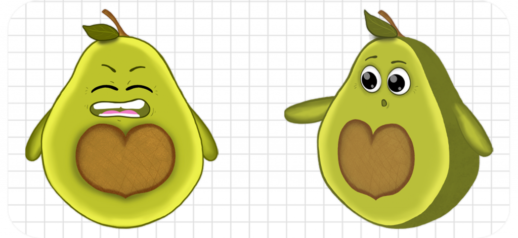 Empathischer Avocado-Markencharakter in Frontal- und Seitenansicht.