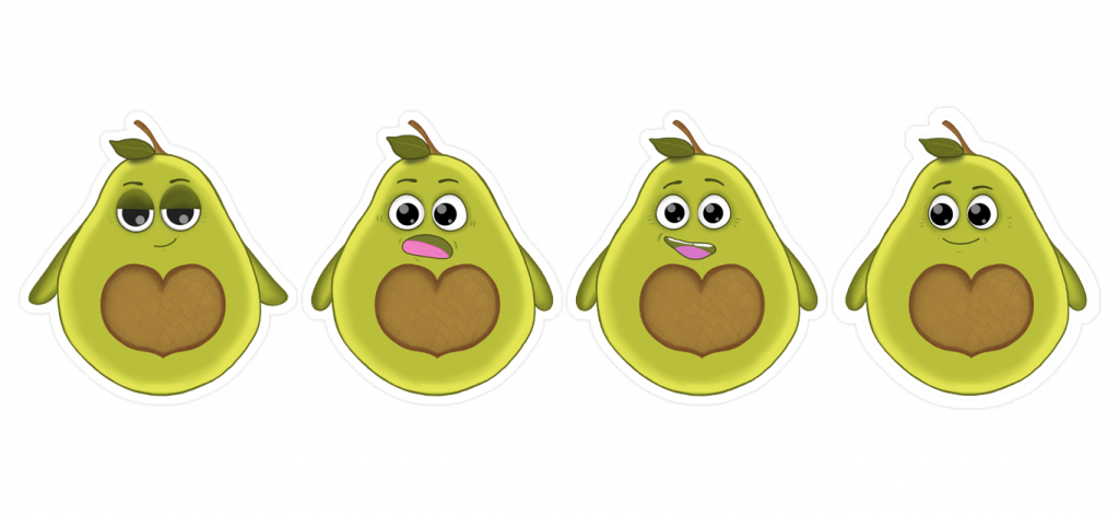 Illustration von zwei empathischen Avocado-Markencharakteren: Eine Avocado mit verschiedenen Emotionen abgebildet als Sticker Variationen