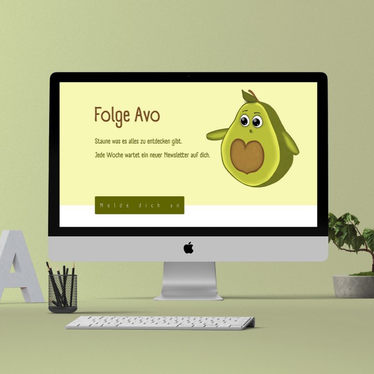 Avocado-Markencharakter als Header-Illustration auf einem Bildschirm.