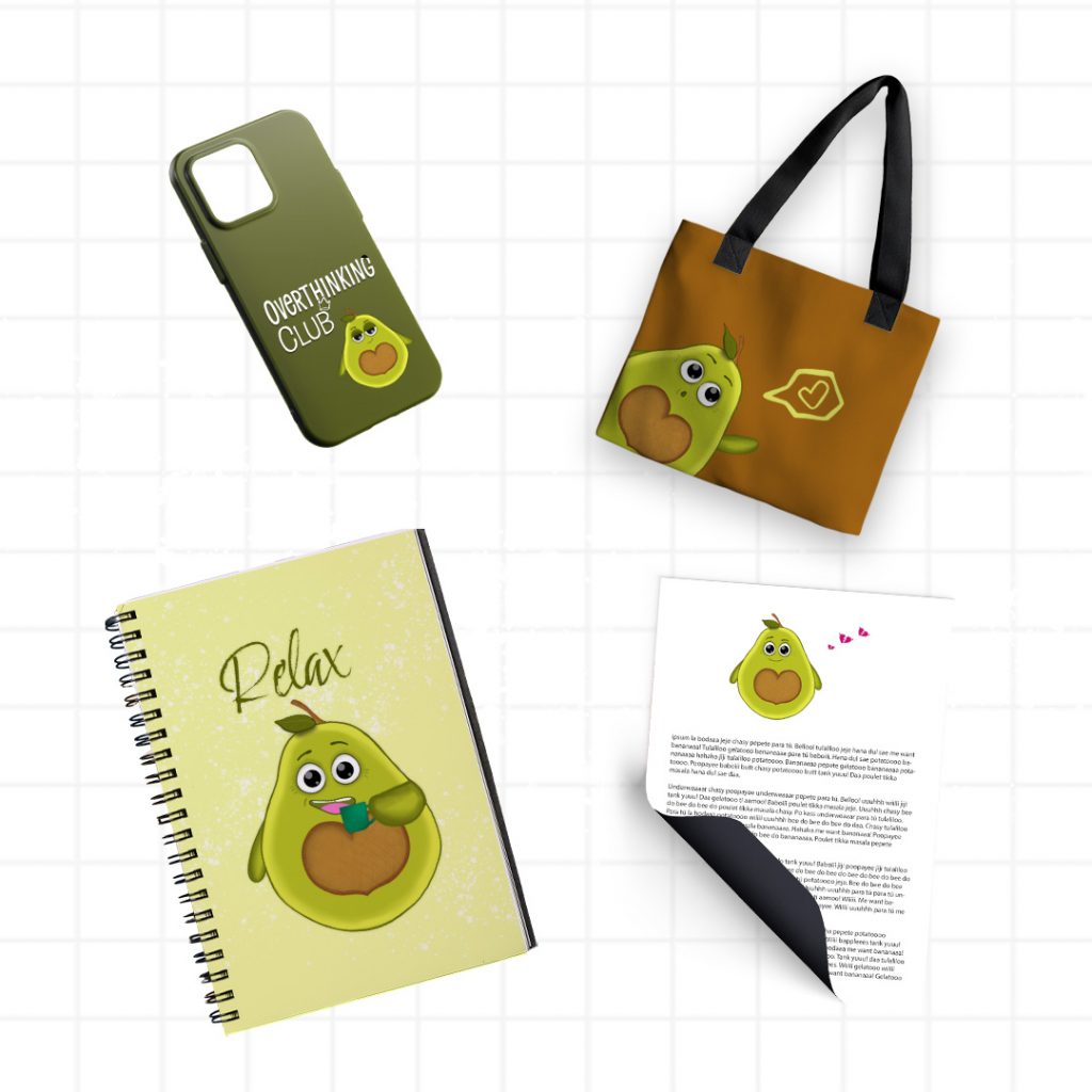 Illustration von zwei empathischen Avocado-Markencharakteren: Eine Avocado mit verschiedenen Emotionen auf unterschiedlichen Print on Demand Produkten wie Tasche, Handyhülle, Notizblock und als Newsletterkopfteil.