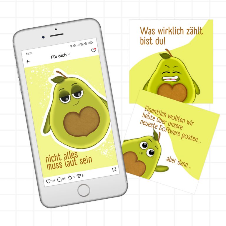 Avocado-Markencharakter als Beitragspost-Illustration auf einem iPhone.