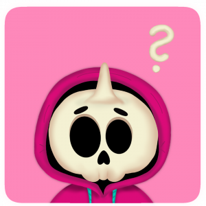 Totenkopf Einhorn Frage FAQ Emotion Charakter Design Branding Illustration von Sandra Bredtmann