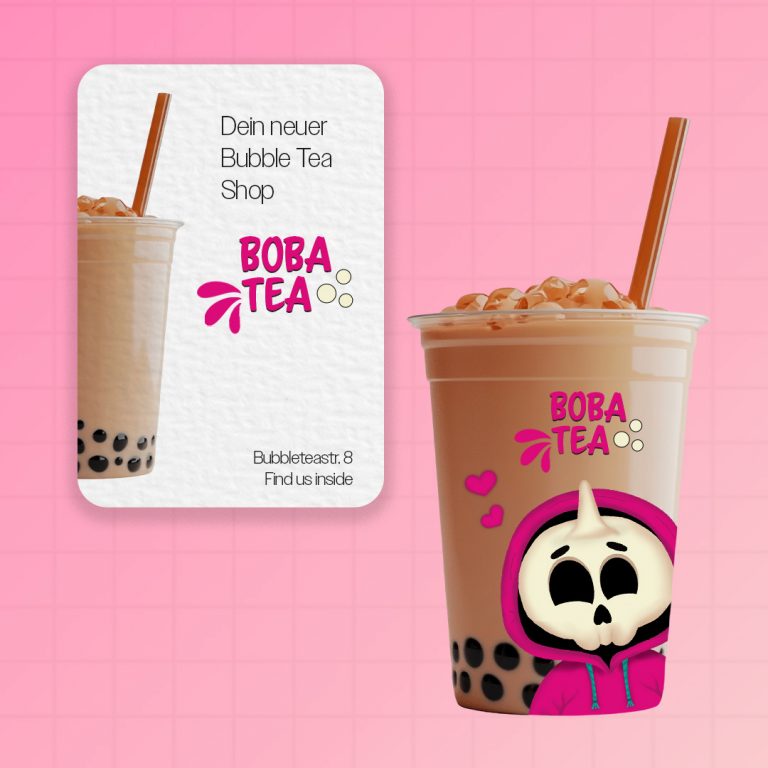 Bubble Tea Shop Charakter emotion Design Totenkopf Einhorn Beispiel