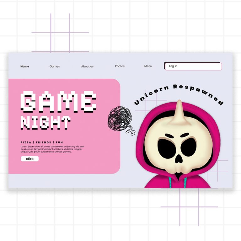 Gaming & Indie Games Brand Charakter Illustration Totenkopf Einhorn auf einer Landingpage