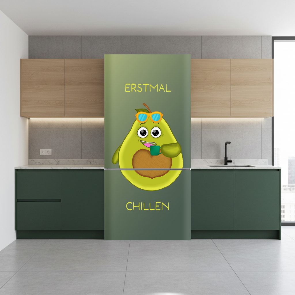 Emotionaler Charakter Avocado mit Sonnenbrille und Tasse als Dekoration eines Kühlschranks in der Küche als Konzeptdesign.