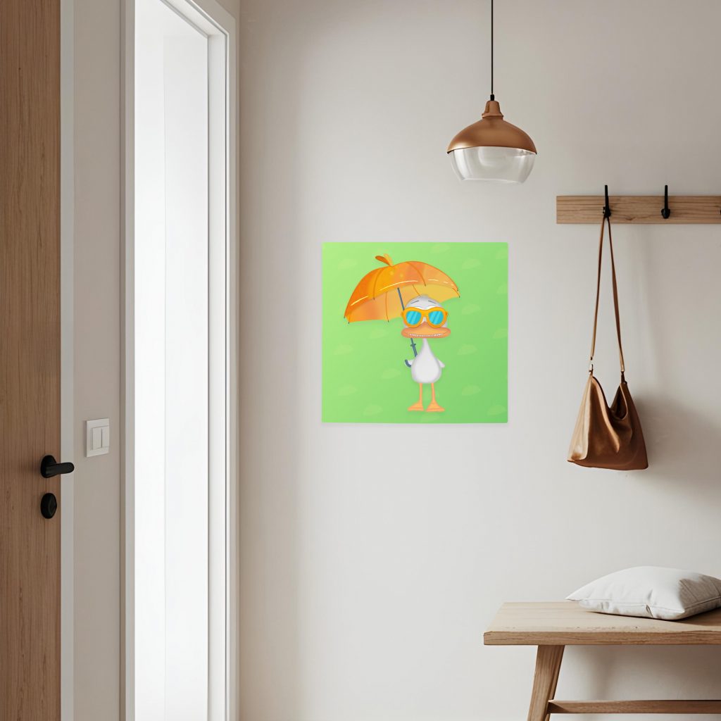 Emotionaler Charakter Ente mit Sonnenbrille und Regenschirm als Dekoration eines Sicherungskastens im Flur als Konzeptdesign.