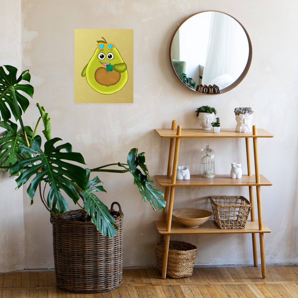 Emotionaler Charakter Avocado mit Sonnenbrille als Dekoration eines Sicherungskastens im Flur als Konzeptdesign.