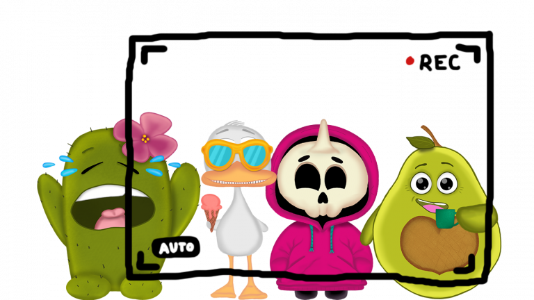 Die Mood WG hat sich aufgestellt. für ein Gruppenfoto. Alle sind zusammengekommen. Charakter Design mit vielen Emotionen sind zu sehen. Ein Kaktus der weint, eine Ente mit Eis und Sonnenbrille, ein Totenkopf Einhorn mit pinken Hoodie der lächelt und die Avocado mit ihrem Herz aus Stein mit einer Tasse in der Hand.